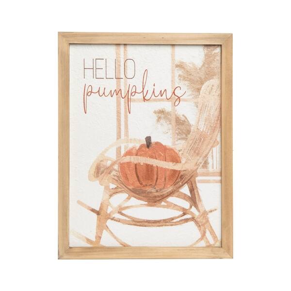 White and Beige Hello Pumpkins Harvest Wall Art, 15.75" x 11.75" Bed